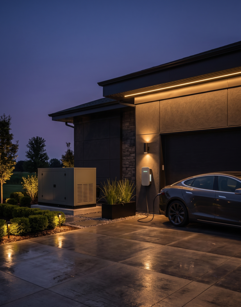 A premium residential garage at dusk.