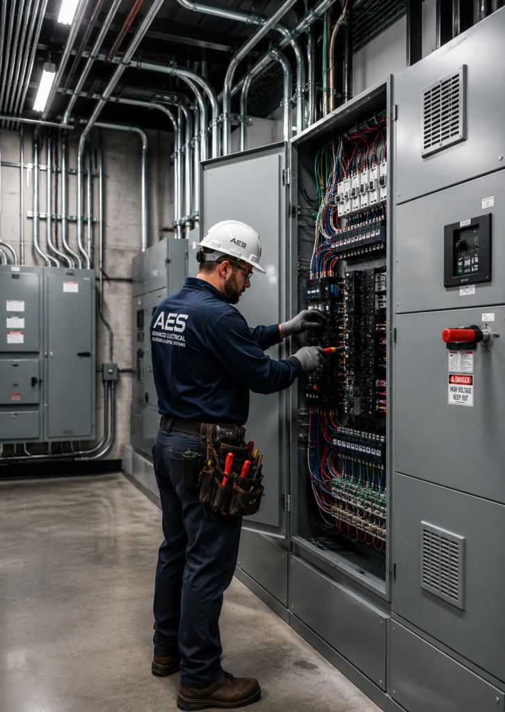 Electrician working in industrial electrical room