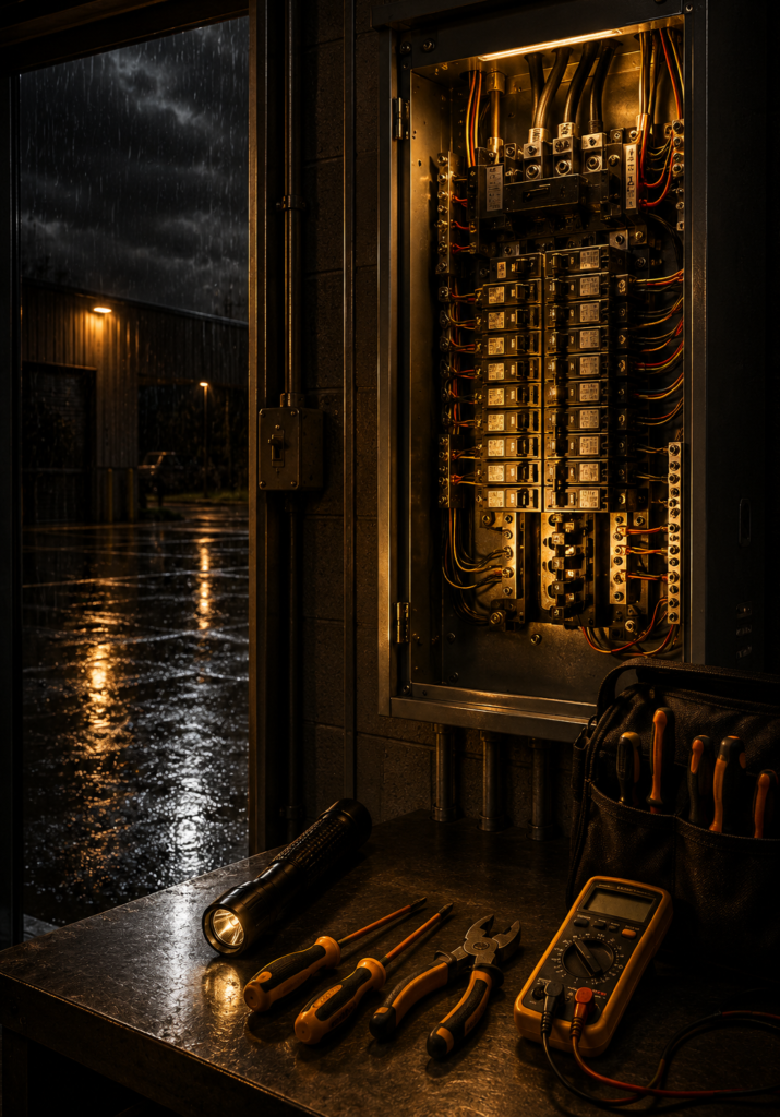 Industrial electrical setup on a rainy night