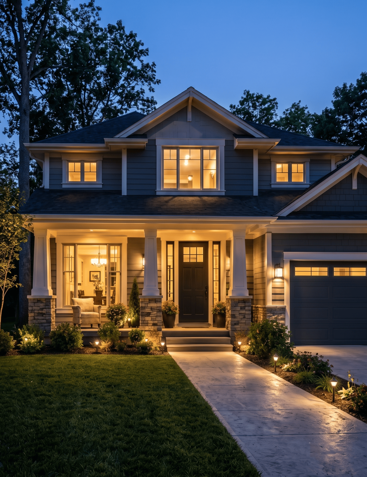 Twilight glow on a modern craftsman home